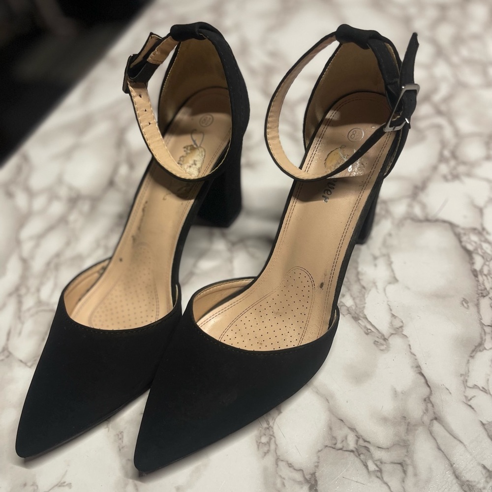 Forever | Songful Black Vegan Suede Glam Pointed Toe Block Heels